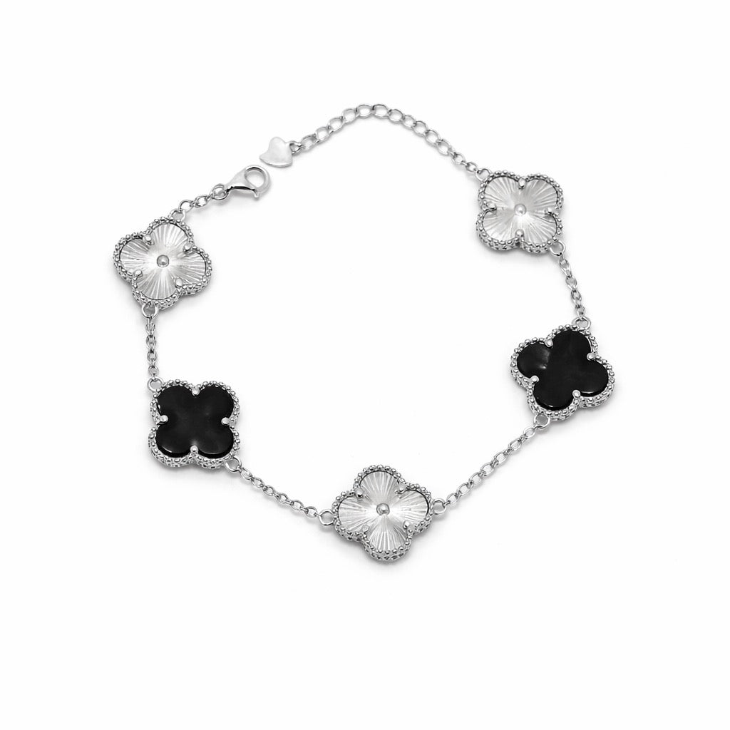 Dual-Tone Quatrefoil Onyx Bracelet in 925 Silver