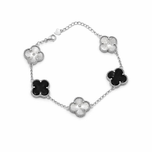 Dual-Tone Quatrefoil Onyx Bracelet in 925 Silver