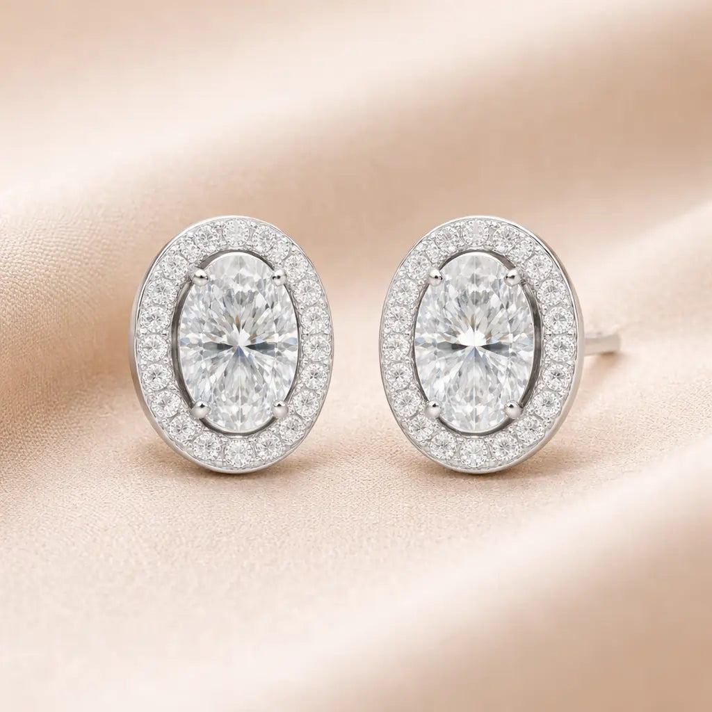 Swarovski Oval Halo Stud Earrings – Sterling Silver 925 Crystal Earrings