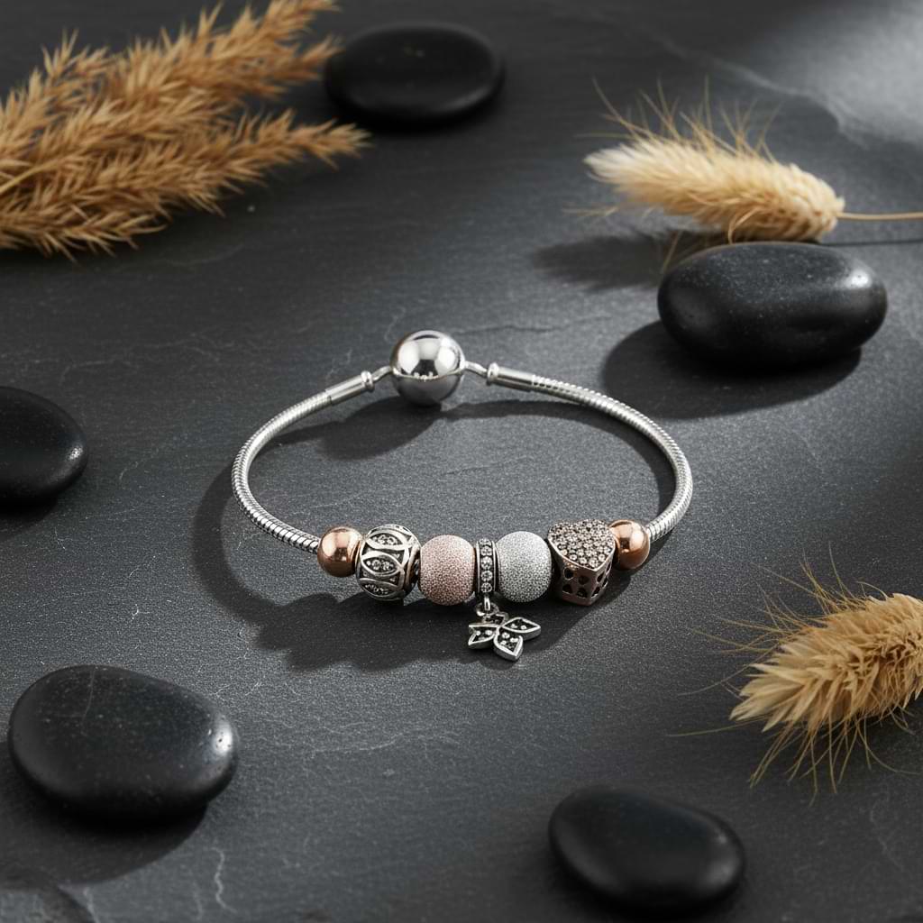 Multi-Charm Beaded Bracelet - 925 Silver & Rose Gold with Heart, Star & Butterfly