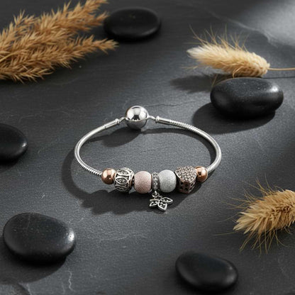 Multi-Charm Beaded Bracelet - 925 Silver & Rose Gold with Heart, Star & Butterfly