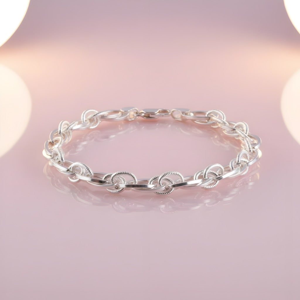 Oval Link Chain Bracelet - 925 Sterling Silver, Adjustable Cuff