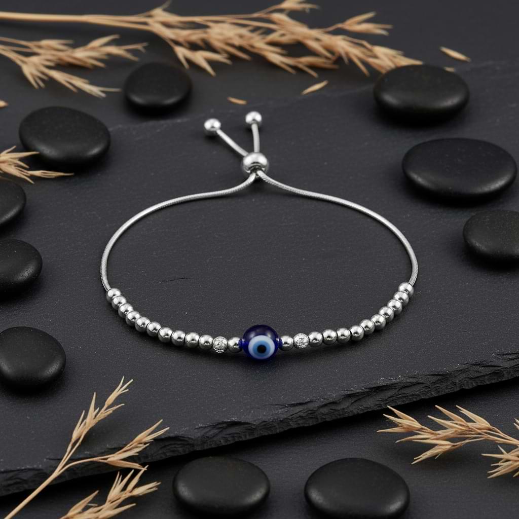 Evil Eye Protection Bracelet - 925 Sterling Silver with Blue Bead, Adjustable Slide
