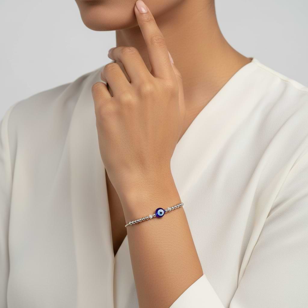 Evil Eye Protection Bracelet - 925 Sterling Silver with Blue Bead, Adjustable Slide