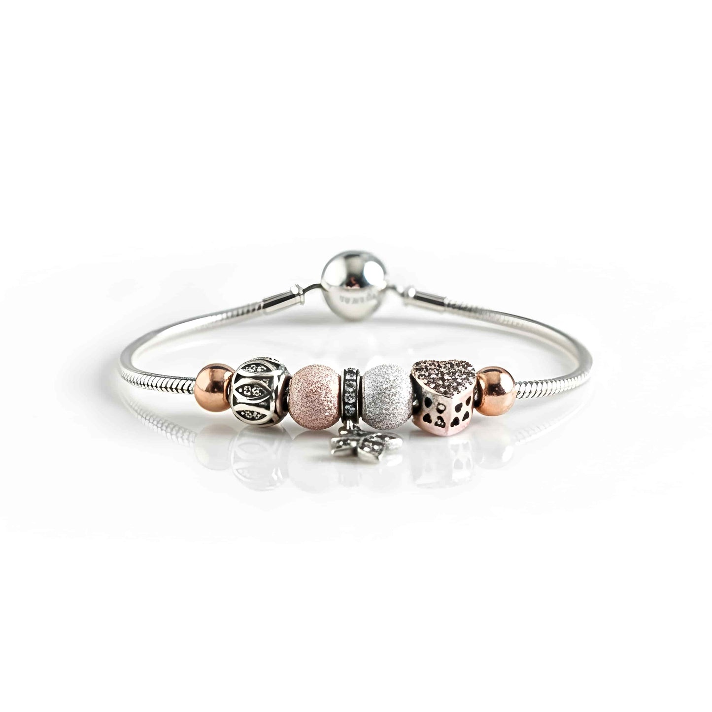Multi-Charm Beaded Bracelet - 925 Silver & Rose Gold with Heart, Star & Butterfly