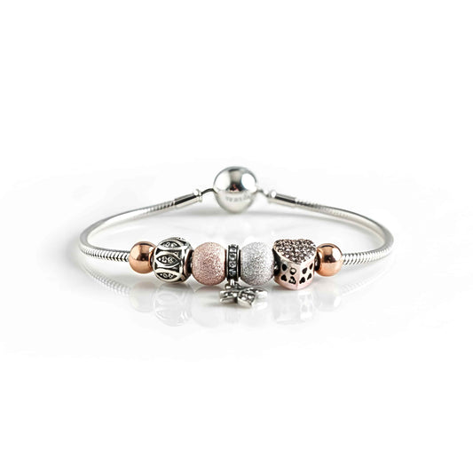 Multi-Charm Beaded Bracelet - 925 Silver & Rose Gold with Heart, Star & Butterfly
