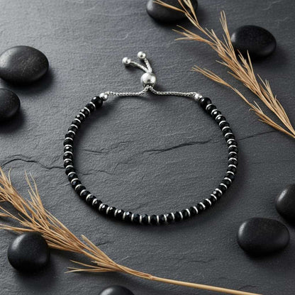 Black Beaded Adjustable Bracelet - 925 Sterling Silver with Onyx Facets