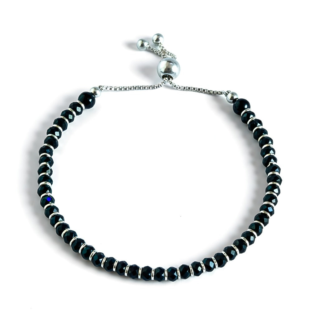Black Beaded Adjustable Bracelet - 925 Sterling Silver with Onyx Facets