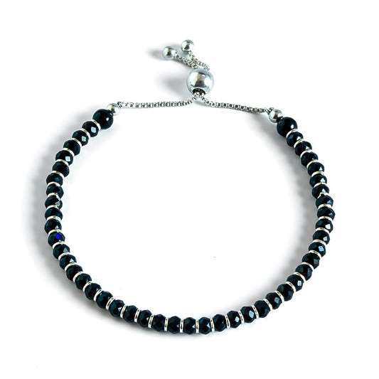 Black Beaded Adjustable Bracelet - 925 Sterling Silver with Onyx Facets