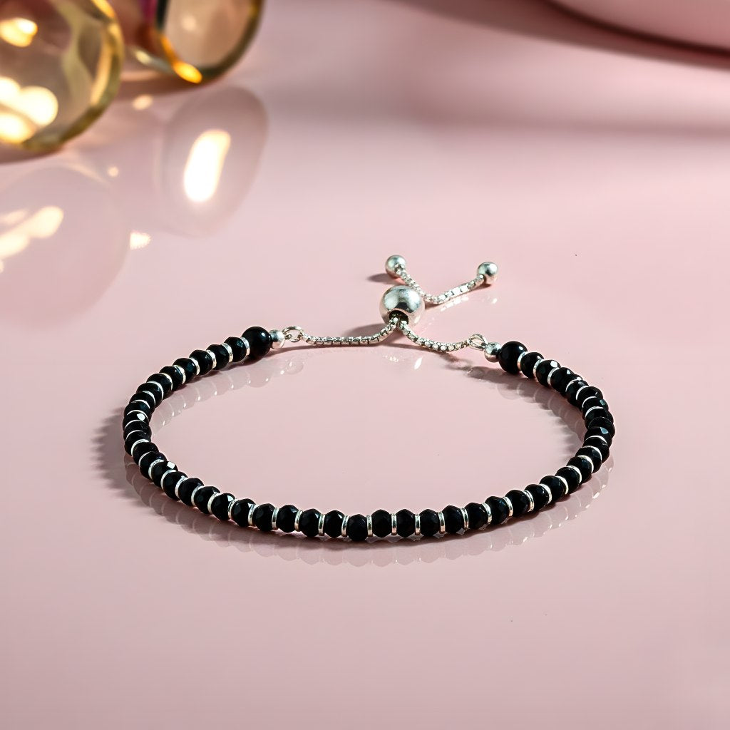 Black Beaded Adjustable Bracelet - 925 Sterling Silver with Onyx Facets