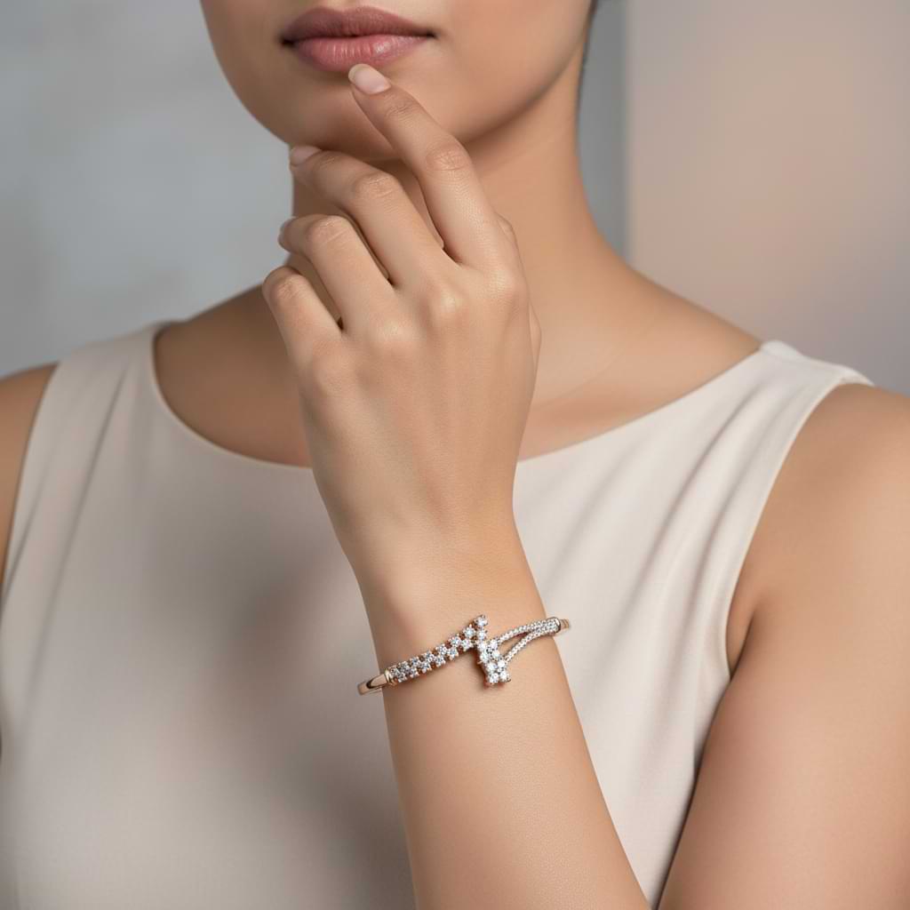 Crystal Rose Gold Cuff Bracelet - Adjustable with CZ Stone Clusters