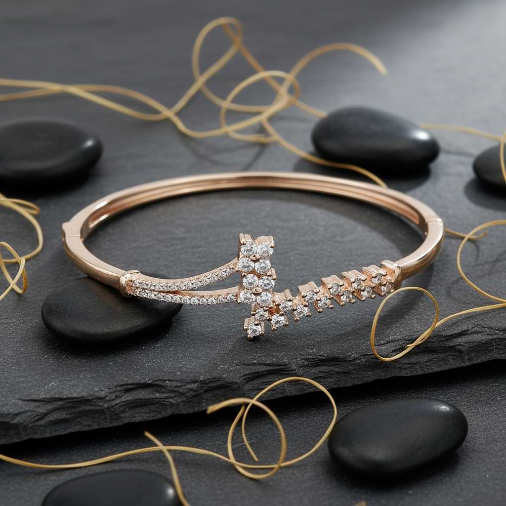 Crystal Rose Gold Cuff Bracelet - Adjustable with CZ Stone Clusters
