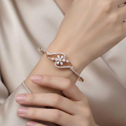 Floral CZ Rose Gold Cuff Bracelet - Adjustable Wave Design