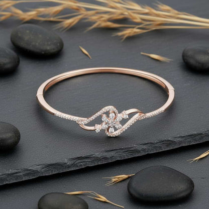 Floral CZ Rose Gold Cuff Bracelet - Adjustable Wave Design