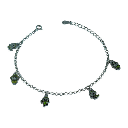 Labubu Monster Charm Bracelet - 925 Silver with Green Enamel Labubu Figures