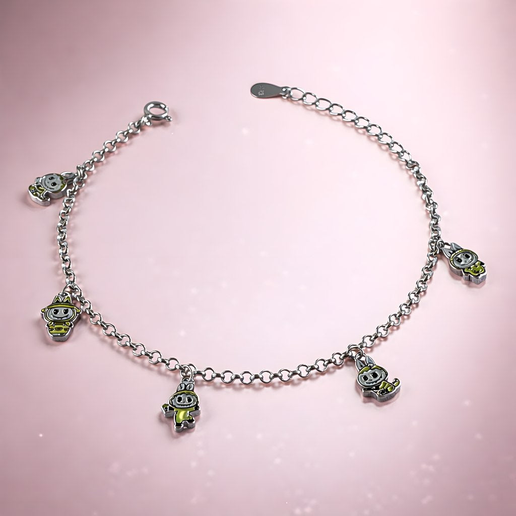 Labubu Monster Charm Bracelet - 925 Silver with Green Enamel Labubu Figures