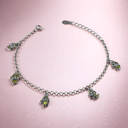 Labubu Monster Charm Bracelet - 925 Silver with Green Enamel Labubu Figures