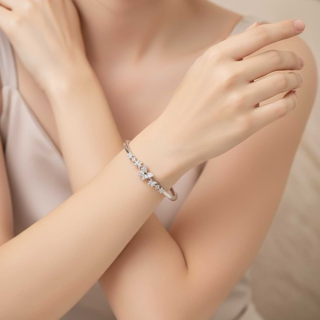 Butterfly CZ Cuff Bracelet - 925 Silver with Pavé Wings & Floral Motif