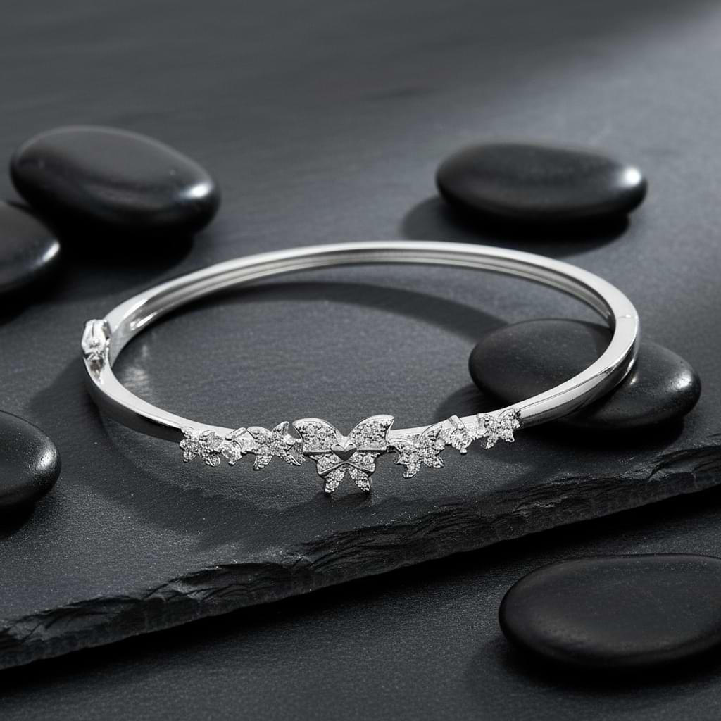 Butterfly CZ Cuff Bracelet - 925 Silver with Pavé Wings & Floral Motif