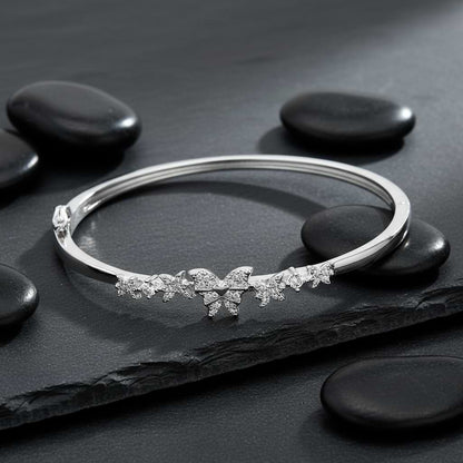 Butterfly CZ Cuff Bracelet - 925 Silver with Pavé Wings & Floral Motif