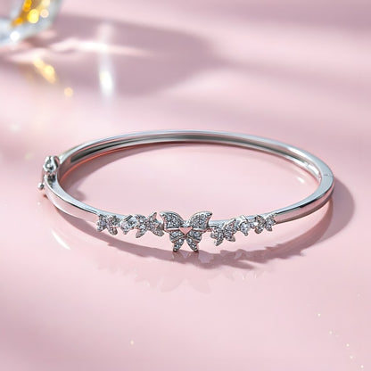 Butterfly CZ Cuff Bracelet - 925 Silver with Pavé Wings & Floral Motif
