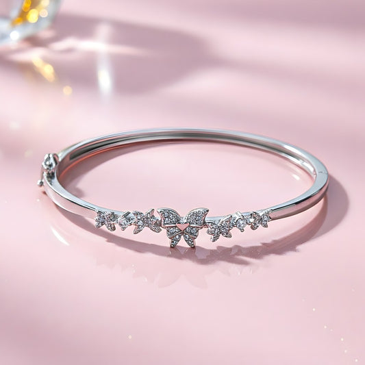 Butterfly CZ Cuff Bracelet - 925 Silver with Pavé Wings & Floral Motif