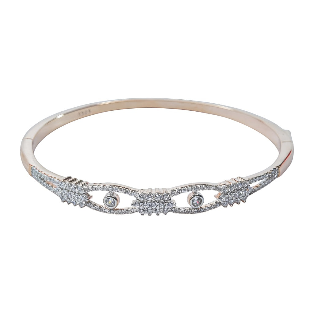 SterlingMitra Geometric CZ Rose Gold Bangle - 925 Silver Hinged Cuff with Pavé Clusters