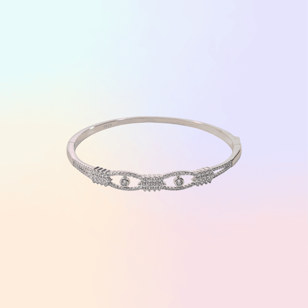 SterlingMitra Geometric CZ Rose Gold Bangle - 925 Silver Hinged Cuff with Pavé Clusters