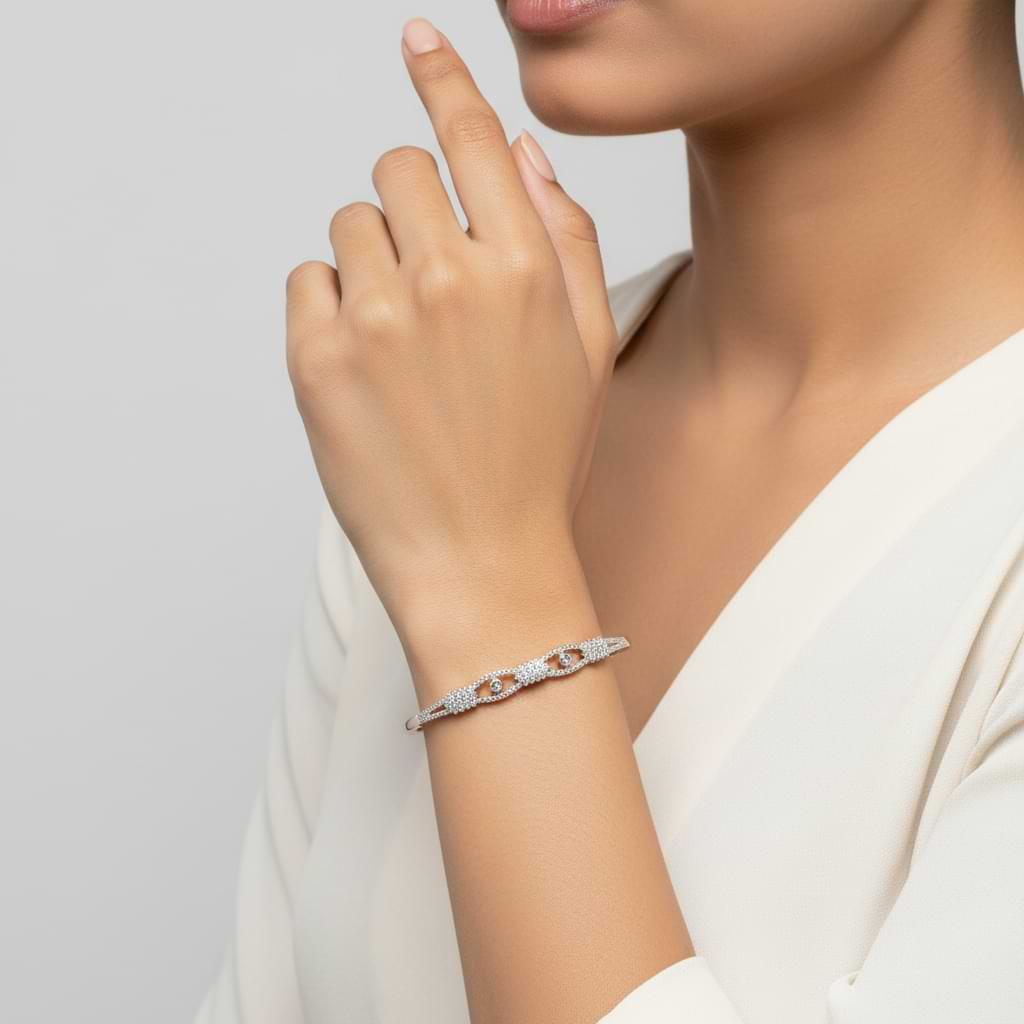 SterlingMitra Geometric CZ Rose Gold Bangle - 925 Silver Hinged Cuff with Pavé Clusters