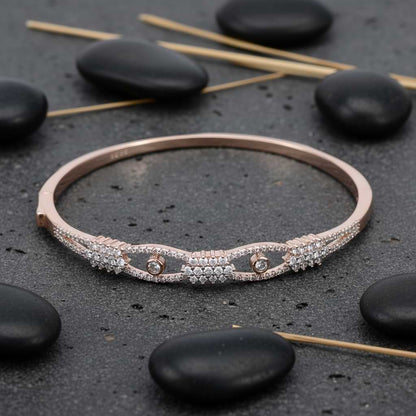 SterlingMitra Geometric CZ Rose Gold Bangle - 925 Silver Hinged Cuff with Pavé Clusters