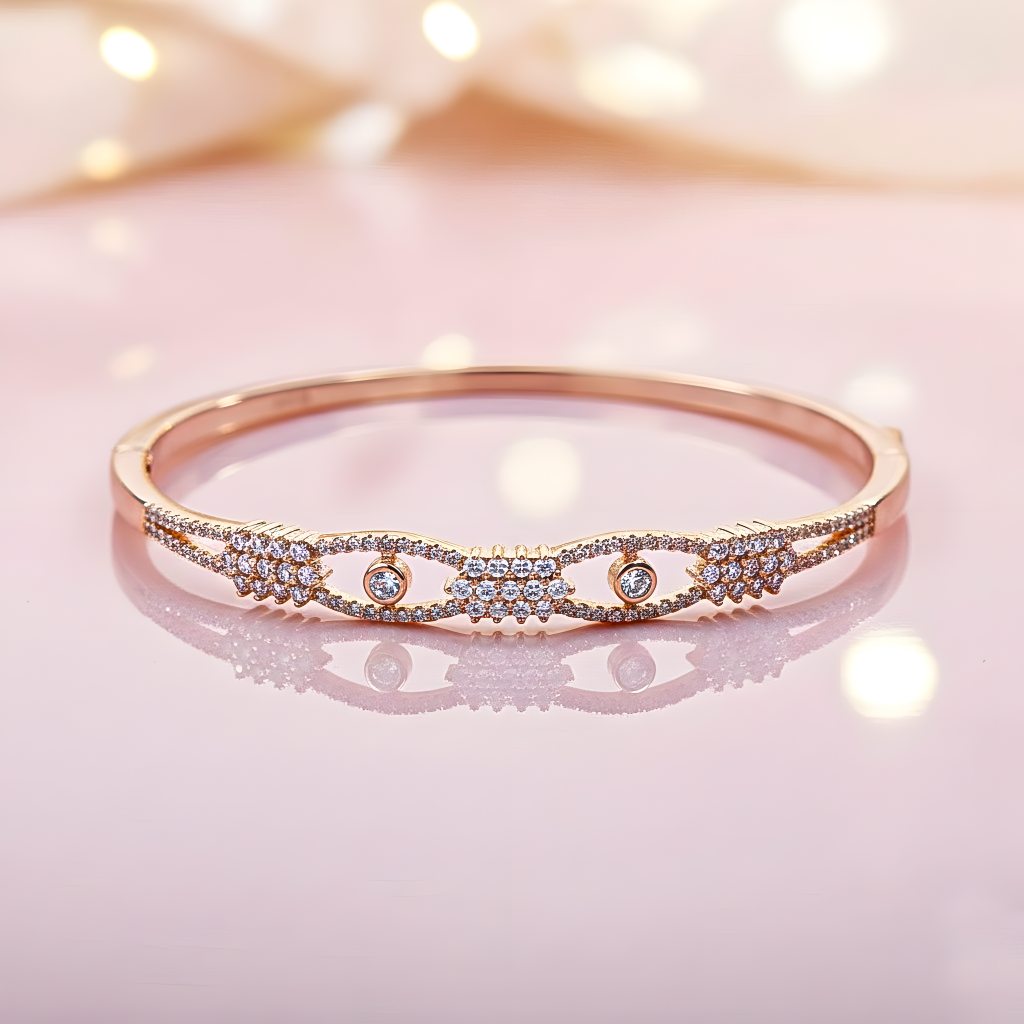 SterlingMitra Geometric CZ Rose Gold Bangle - 925 Silver Hinged Cuff with Pavé Clusters