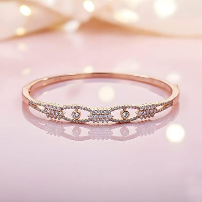 SterlingMitra Geometric CZ Rose Gold Bangle - 925 Silver Hinged Cuff with Pavé Clusters