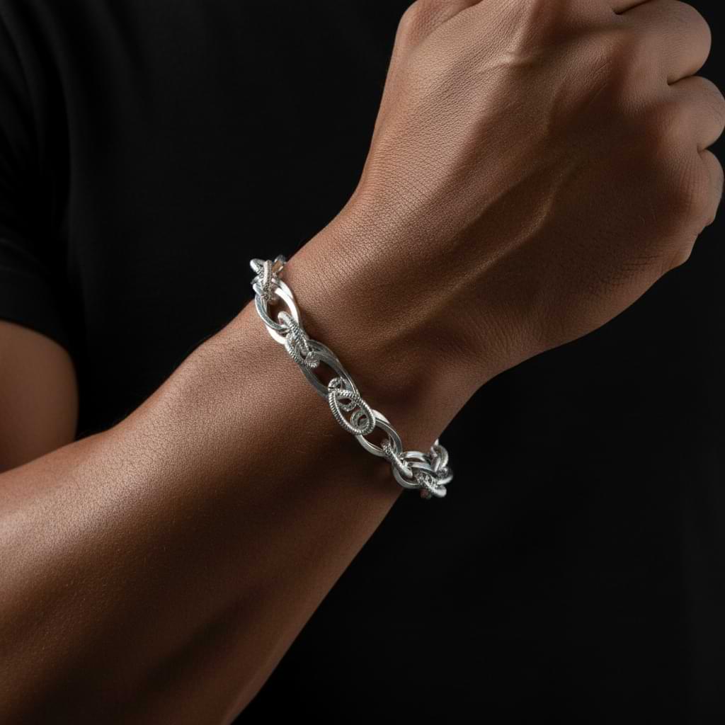 Oval Link Chain Bracelet - 925 Sterling Silver, Adjustable Cuff