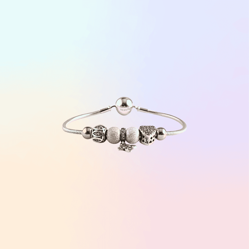 Multi-Charm Beaded Bracelet - 925 Silver & Rose Gold with Heart, Star & Butterfly