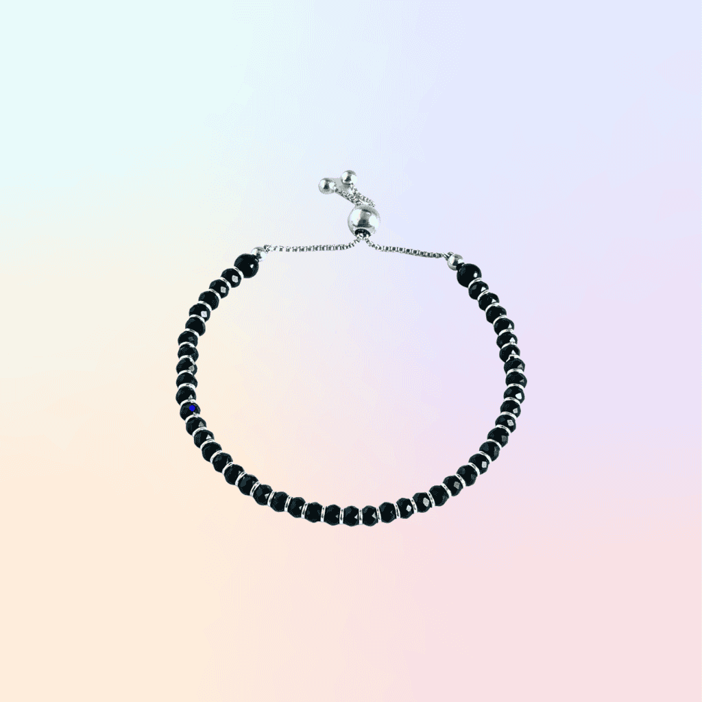 Black Beaded Adjustable Bracelet - 925 Sterling Silver with Onyx Facets