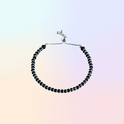 Black Beaded Adjustable Bracelet - 925 Sterling Silver with Onyx Facets