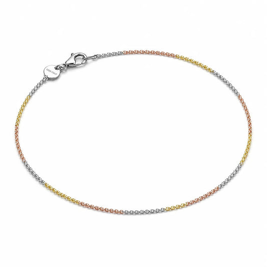 Italian Tri-Tone Textured Chain Anklet – 925 Sterling Silver (Gold, Rose Gold & Silver Finish)