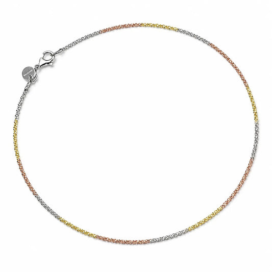 Italian Tri-Tone Textured Chain Anklet – 925 Sterling Silver (Gold, Rose Gold & Silver Finish)